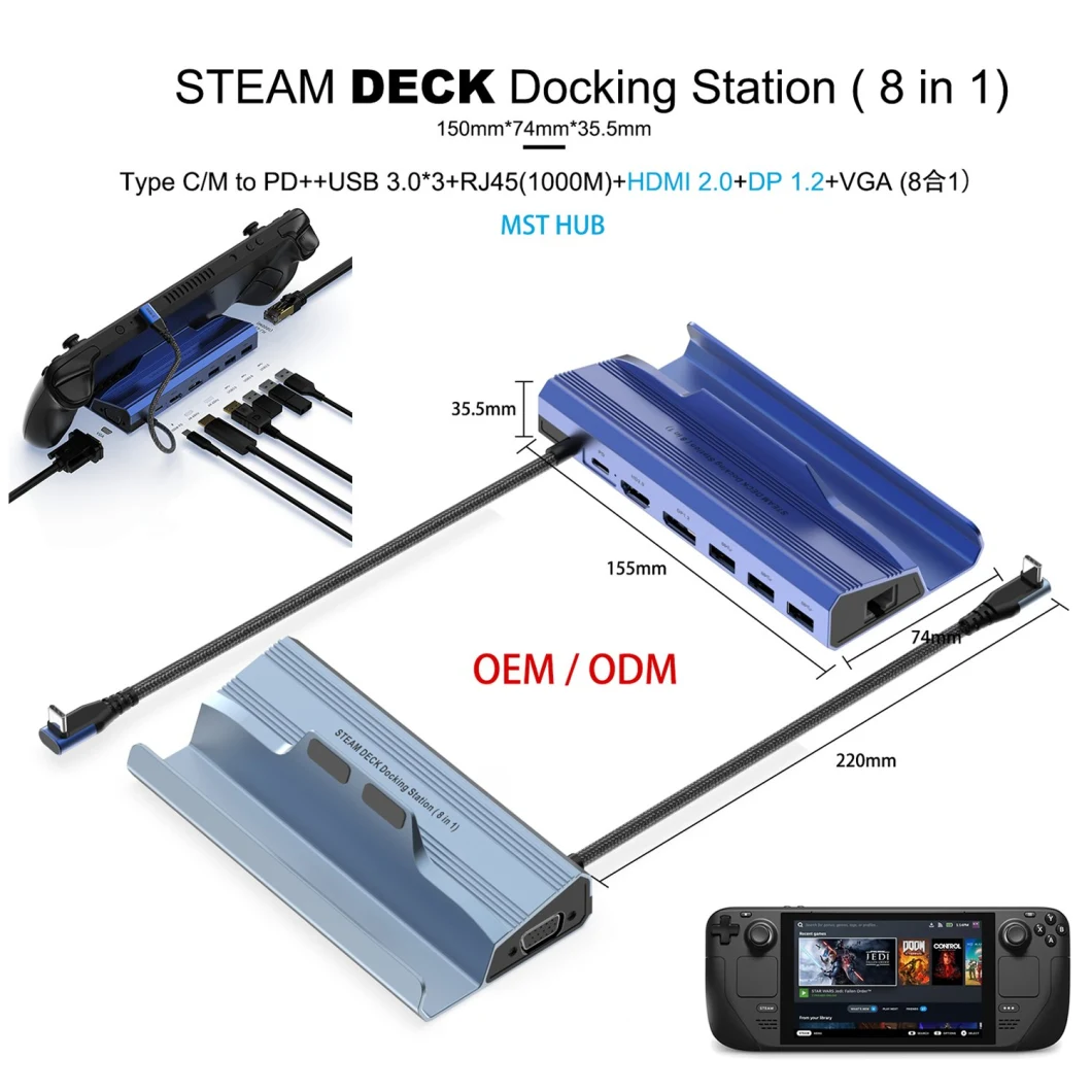 Hoomc 8 in 1 Steam Deck Dock Pd USB3.0 1000m HDMI Dp VGA Steam Deck Stand with USB