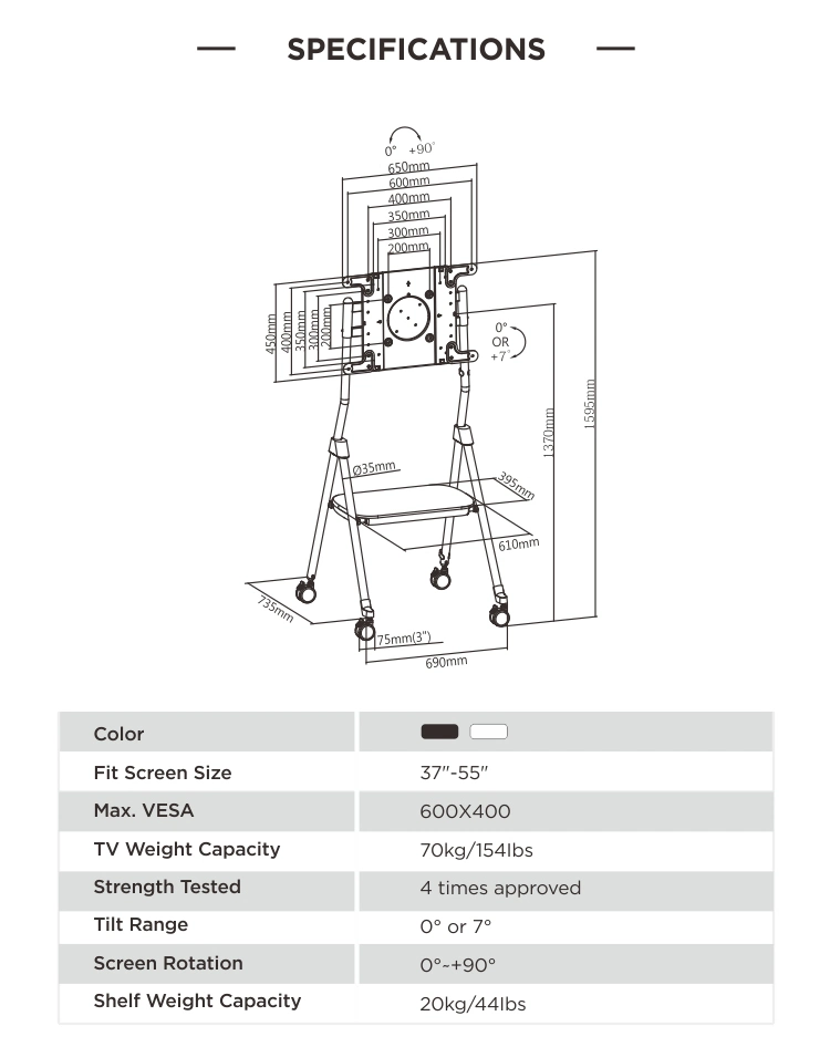 Aluminum Movable Interactive White Board Stand Display TV Floor Stand